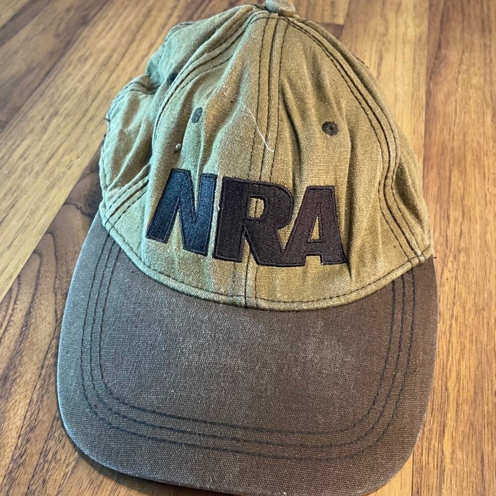 NRA Hat Mens One Size Adjustable Brown Olive Canvas Distressed Ball Cap Est 1871